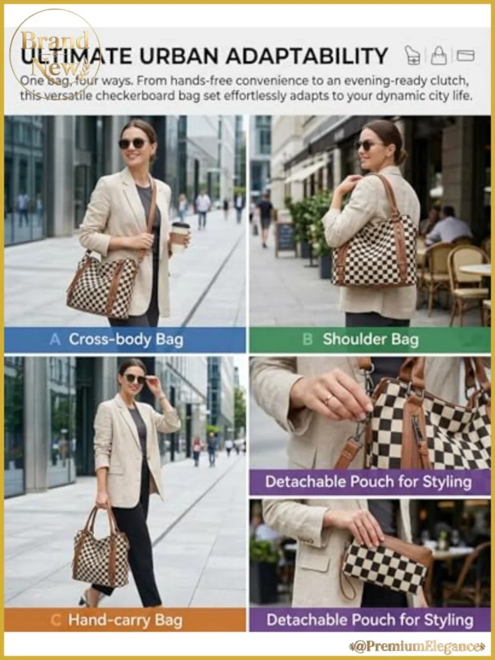 Vintage Checkered Hobo Shoulder Bag for Women Large Tote with Pockets PU